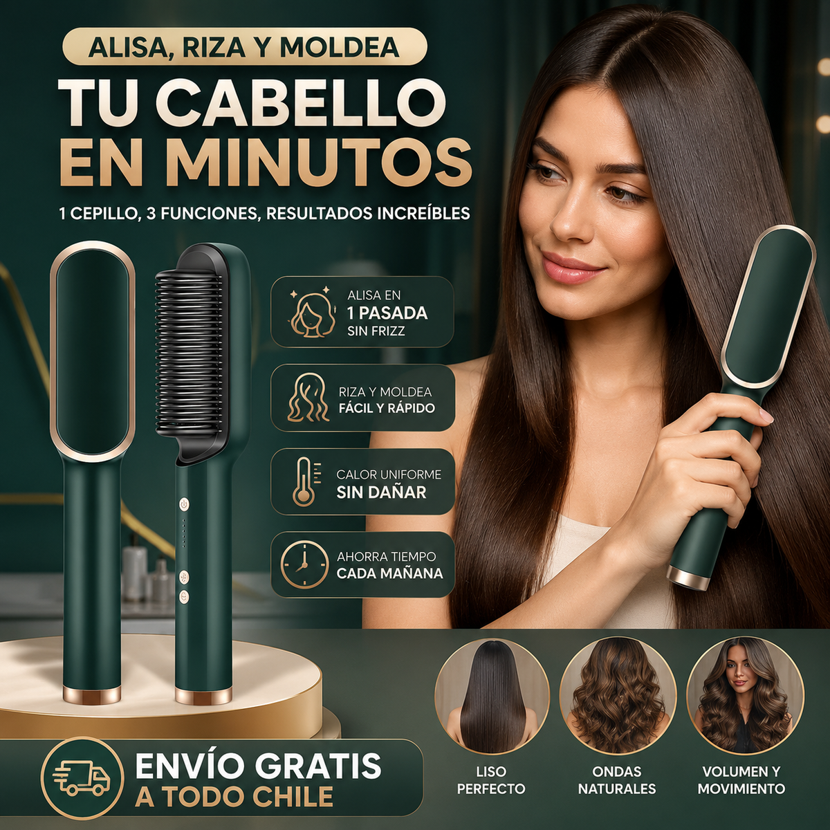 Cepillo 3 en 1: Alisa, Riza y Voluminiza tu Cabello en Minutos ✨